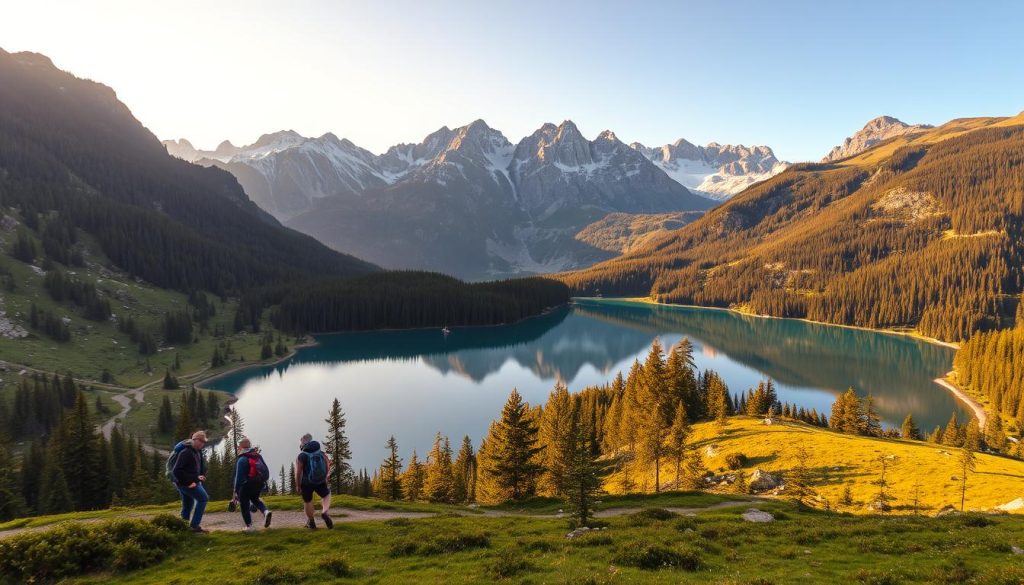 A picturesque landscape in the Carpathian Mountains, Ukraine. The foreground features a group of hikers exploring a winding mountain trail, surrounded by lush green forests and towering peaks. In the middle ground, a crystal-clear alpine lake reflects the majestic scenery, with small boats dotting the surface. The background showcases the rugged, snow-capped summits of the Carpathians, bathed in warm, golden light from the setting sun. The scene evokes a sense of adventure, tranquility, and the natural beauty of this captivating region.
