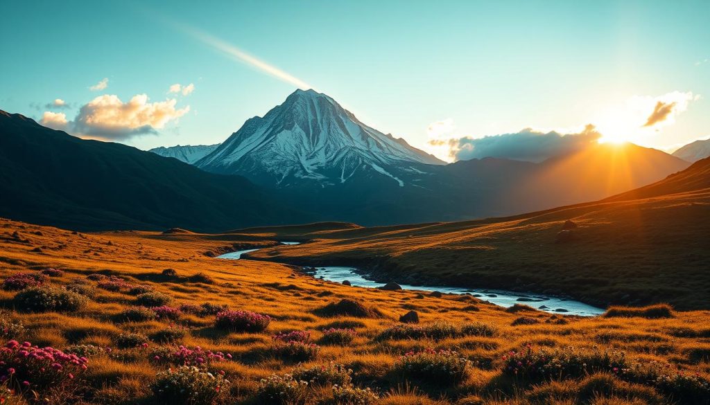 A picturesque mountain landscape at golden hour, with a serene alpine meadow in the foreground, dotted with vibrant wildflowers. In the middle ground, a meandering stream cuts through the terrain, its glistening waters reflecting the warm hues of the setting sun. The background features a majestic snow-capped peak, its jagged silhouette casting long shadows across the scene. The lighting is soft and diffused, creating a tranquil, contemplative atmosphere. Wispy clouds drift lazily overhead, adding a sense of depth and drama to the composition. The overall mood evokes the peaceful solitude and natural beauty of the mountain environment, inviting the viewer to consider the ideal location for a serene camping experience.