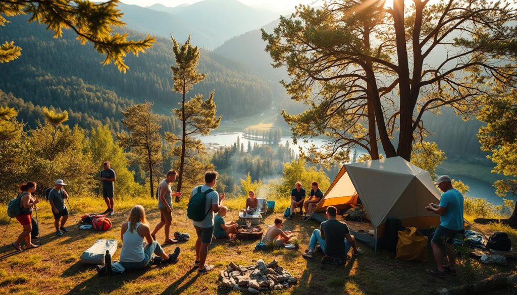 A picturesque outdoor scene of an active camping retreat. In the foreground, a group of friends enjoying various leisure activities - hiking, climbing, kayaking, or playing outdoor games. The middle ground features a well-equipped campsite with a cozy tent, a crackling campfire, and people gathering around it. In the background, lush green forests, rolling hills, and a serene lake or river create a peaceful and rejuvenating natural setting. Warm sunlight filters through the trees, casting a golden glow and creating soft shadows. The overall atmosphere radiates a sense of adventure, relaxation, and connection with the great outdoors.