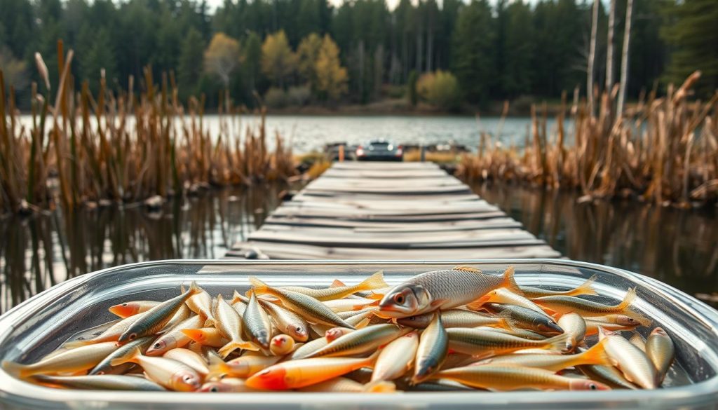 A picturesque outdoor scene showcasing the ideal live bait for pike fishing. In the foreground, a variety of freshwater fish such as minnows, small perch, and roach are displayed in a clear glass container, their vibrant colors and lively movements captivating the viewer. The middle ground features a weathered wooden dock extending into a serene lake, with tall reeds and cattails lining the shoreline. Soft, diffused lighting filters through the scene, creating a warm, natural ambiance. In the background, a dense forest of pine and birch trees frames the peaceful landscape, hinting at the tranquil setting ideal for a successful pike fishing expedition.