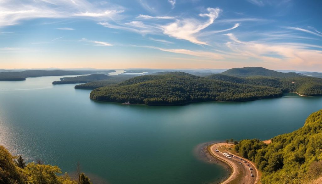 A picturesque panorama of the Kyiv Reservoir, a sprawling expanse of glistening waters surrounded by lush, verdant shores. In the foreground, a tranquil cove with crystal-clear waters, inviting anglers to cast their lines and reel in the day's catch. The middle ground features rolling hills and dense forests, creating a serene and natural backdrop. Overhead, a warm, golden light filters through wispy clouds, bathing the scene in a soft, magical glow. The atmosphere is one of peace and harmony, with the gentle lapping of waves and the occasional call of a bird creating a soothing symphony. This idyllic setting is the perfect destination for a day of relaxation, exploration, and bountiful fishing in the heart of Ukraine.