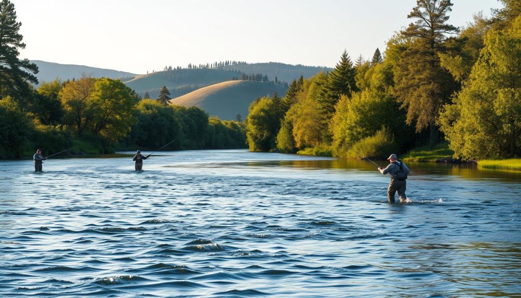 A picturesque river scene in the heart of central Ukraine, where anglers cast their lines in search of bountiful catches. The tranquil waters are flanked by lush, verdant riverbanks, dotted with towering trees that cast gentle shadows upon the rippling surface. In the distance, rolling hills and a cloudless sky create a serene, bucolic atmosphere. Fly fishermen, clad in waders, carefully navigate the shallow waters, their movements graceful and deliberate, as they attempt to lure the elusive fish from their watery abodes. The lighting is soft and natural, lending a warm, golden glow to the entire tableau. The overall scene evokes a sense of peaceful solitude and the joys of angling in the heart of central Ukraine.