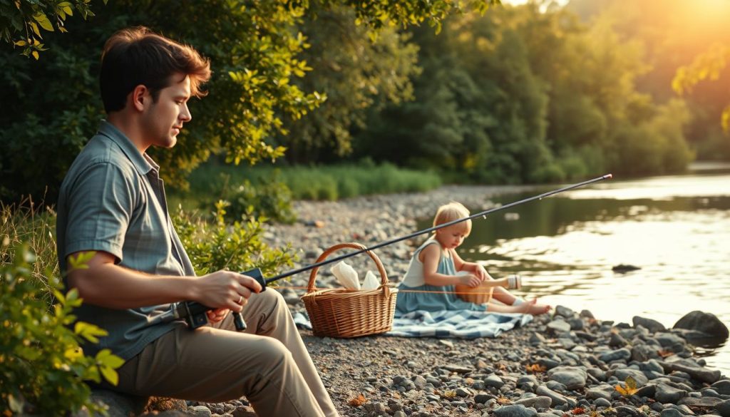 A picturesque riverbank scene where a family enjoys a leisurely fishing trip. In the foreground, a father and child intently watching their lines, their expressions calm and focused. The middle ground features a mother and younger child sitting on a blanket, unpacking a picnic basket. In the background, lush green foliage lines the riverbanks, with a tranquil body of water reflecting the surrounding landscape. The warm, golden afternoon sunlight filters through the trees, casting a cozy, inviting glow over the entire scene. The composition is balanced, with the figures and their activities occupying the central focus, surrounded by the serene natural setting. An idyllic vision of quality family time spent in the great outdoors, with fishing as the central shared experience.