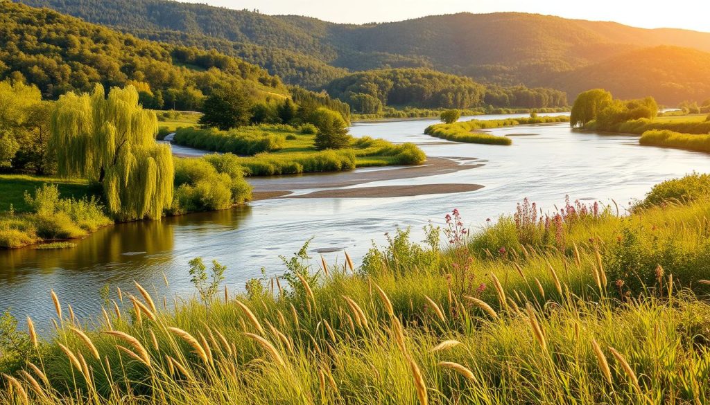 A picturesque riverside landscape along the Dniester River in Khmilnytskyi Oblast, Ukraine. In the foreground, a lush, biodiverse riparian ecosystem with tall grasses, wildflowers, and weeping willows lining the banks. In the middle ground, the meandering Dniester River reflects the clear sky. In the background, rolling hills covered in dense, verdant forests. Warm, golden natural lighting filters through the scene, casting a serene, tranquil atmosphere. Captured through a wide-angle lens to emphasize the expansive, panoramic view of this protected natural haven.