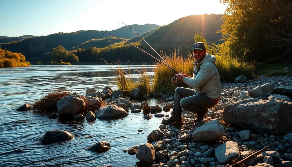 A picturesque riverside setting along the Dnieper River in Ukraine, with a skilled fisherman posing amidst the tranquil waters and lush, verdant surroundings. Dramatic natural lighting casts a warm, golden glow, highlighting the angler's focused expression and the graceful movement of the fishing line as it arcs through the air. The middle ground features a well-composed arrangement of rocks, reeds, and other natural elements, creating a visually appealing and authentic scene. In the background, rolling hills and a cloudless sky create a serene, picturesque landscape. The overall mood is one of peaceful contemplation and the joy of connecting with nature through the art of fishing.