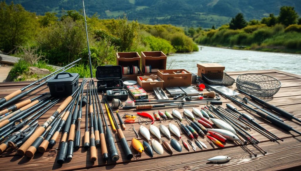 A picturesque scene of fishing equipment and techniques laid out on a wooden surface. In the foreground, an array of fishing rods, reels, and lures in various colors and sizes are artfully arranged. The middle ground features a collection of fishing nets, tackle boxes, and other essential tools neatly organized. In the background, a serene landscape of a riverbank with lush greenery and a calm, flowing body of water sets the stage. Soft, natural lighting illuminates the scene, creating a warm and inviting atmosphere. The overall composition conveys a sense of preparedness, expertise, and appreciation for the art of fishing.