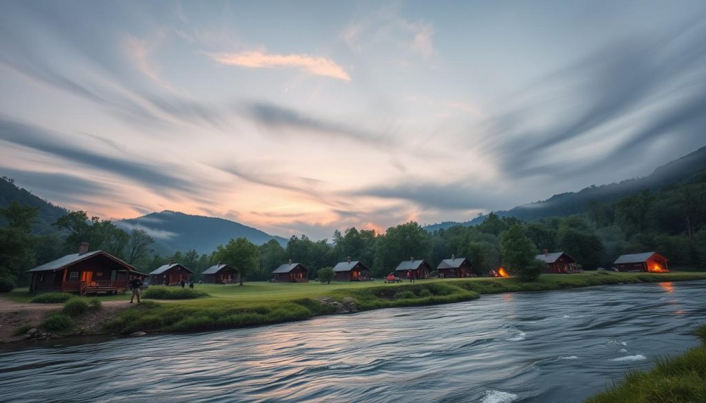 A picturesque scene of fishing lodges and campsites nestled along the verdant banks of the tranquil Southern Bug River. Rustic wooden cabins and tents dotted across the lush greenery, with anglers casting their lines into the gently flowing waters. Wispy clouds drift overhead, casting soft shadows on the serene landscape. The warm glow of campfires flickers in the distance, inviting weary fishermen to enjoy the peaceful solitude. Wide-angle lens captures the idyllic atmosphere, highlighting the perfect harmony between nature and recreation. A serene and inviting respite for those seeking the thrill of riverside fishing.
