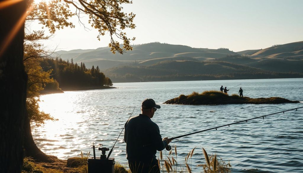 A picturesque scene of Kyiv Reservoir, the vast expanse of shimmering waters surrounded by lush, rolling hills. In the foreground, an intrepid angler carefully selects the perfect spot, studying the currents and surveying the prime fishing locations. Warm, soft sunlight filters through the trees, casting a golden glow across the landscape. The tranquil atmosphere is punctuated by the gentle lapping of waves and the occasional call of a nearby bird. The angler's gear is neatly arranged, ready for the day's adventure. In the distance, the silhouettes of other fishermen dot the shoreline, each seeking their own unique fishing experience. This serene and inviting scene captures the essence of the Kyiv Reservoir, a true haven for those who seek the joys of angling amidst nature's splendor.