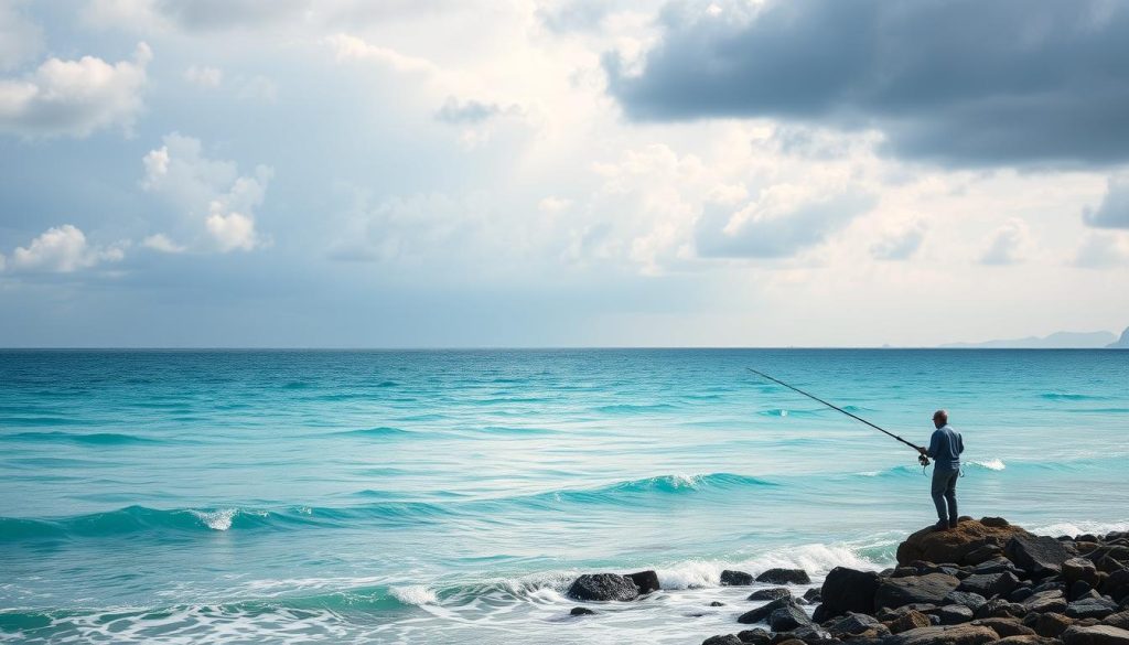 A picturesque seascape of a person fishing from the shore, capturing the essence of seaside angling. The foreground depicts a solitary fisherman standing on a rocky outcrop, casting his line into the gently lapping waves. The middle ground features a serene expanse of azure ocean, with distant islands or headlands visible on the horizon. The background showcases a dramatic sky, transitioning from soft pastel hues near the horizon to bold, dramatic clouds overhead, creating a sense of atmospheric depth and dramatic lighting. The scene conveys a tranquil, contemplative mood, inviting the viewer to imagine the rhythmic ebb and flow of the tide, the sound of the water, and the thrill of a successful catch.