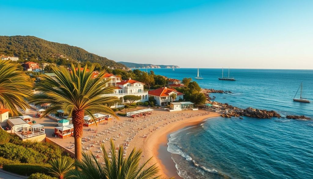 A picturesque seaside resort nestled along the coast, with a sprawling beach lined with swaying palm trees. In the foreground, guests relax on lounge chairs, enjoying the warm sun and crystal-clear waters. The middle ground features a collection of charming, low-rise buildings with a distinct Ukrainian architectural style, surrounded by lush greenery. In the background, the azure sea stretches out to the horizon, dotted with sailboats and a few distant islands. The scene is bathed in a warm, golden light, creating a serene and inviting atmosphere. The entire composition evokes a sense of tranquility and the perfect getaway for those seeking rest and relaxation.