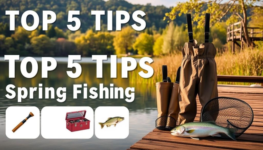 A picturesque spring fishing scene featuring a serene lakeside landscape with lush greenery, a calm body of water, and a wooden dock. In the foreground, five essential fishing icons are displayed: a fishing rod, a tackle box, a net, a pair of waders, and a fish. The scene is bathed in soft, warm lighting, creating a tranquil and inviting atmosphere. The composition is balanced and visually pleasing, highlighting the top 5 tips for a successful spring fishing adventure.