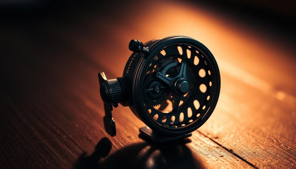 A precision-engineered mультипликаторная катушка situated on a dark wooden surface, illuminated by warm, directional lighting from the left. The reel's intricate gears and mechanisms are visible through its transparent housing, showcasing the sophisticated engineering that powers its smooth, high-speed line retrieval. The katushka is presented in a way that highlights its technical prowess and the advantages it offers for recreational fishing, such as improved casting distance and control. The overall mood is one of sophistication, precision, and the marriage of form and function.