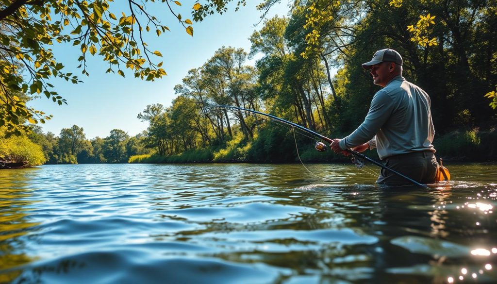 A pristine summer lake, its surface glimmering under the warm afternoon sun. In the foreground, a skilled angler expertly casts his lure, his eyes scanning the water for any sign of his target prey - the mighty pike. The lush, verdant shoreline frames the scene, creating a natural, immersive environment. Dappled sunlight filters through the trees, casting a soft, golden glow over the tranquil setting. The angler's posture is focused, his movements calculated, as he patiently waits for the apex predator to strike. The overall mood is one of serene anticipation, capturing the essence of the perfect summer day for hunting the elusive and powerful freshwater gamefish.