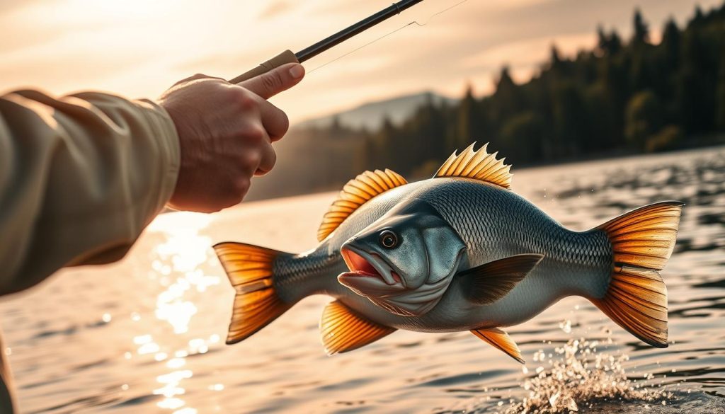 A professional angler reeling in a large, glistening fish against the backdrop of a serene lakeside landscape. The scene is bathed in warm, golden sunlight that casts a soft glow on the water's surface. In the foreground, the angler's hands expertly handle the high-quality fishing rod, their concentration evident in their focused expression. The middle ground reveals the fish thrashing powerfully, its scales shimmering as it fights to break free. In the distance, a tranquil forest frames the idyllic setting, hinting at the unspoiled wilderness that surrounds the fishing spot. The overall mood evokes a sense of triumph, skill, and the joy of a guaranteed catch.