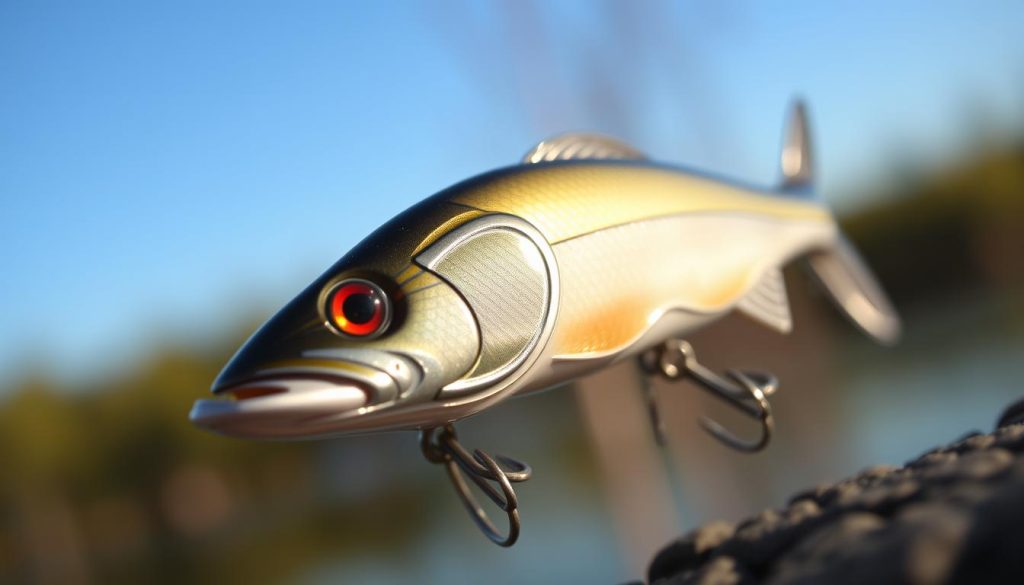 A realistic, high-quality close-up image of a fishing lure called a "vobler" (also known as a "wobbler") against a blurred, natural background. The vobler is a minnow-shaped, floating hard bait with a curved body that gives it a side-to-side action when retrieved. It has a metallic, multi-toned color scheme with iridescent highlights. The lure is captured from a low angle, with natural lighting casting warm shadows that accentuate its contours and details. The image conveys the appealing, lifelike appearance and movement of the vobler, which is designed to attract and entice predatory fish like pike.