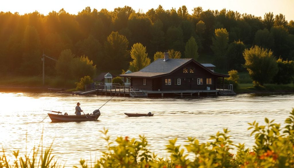 A riverside fishing lodge nestled on the banks of the Danube River, with a serene and tranquil atmosphere. The main building is a rustic log cabin surrounded by lush greenery, with a wooden deck overlooking the glistening waters. Anglers can be seen casting their lines, while a small boat is moored nearby. In the background, a golden sunset casts a warm glow over the scene, creating a peaceful and picturesque setting. The lighting is soft and natural, with a shallow depth of field that focuses the viewer's attention on the lodge and its immediate surroundings. The overall impression is one of a serene and idyllic retreat, perfect for a fishing adventure in the Odesa region of Ukraine.
