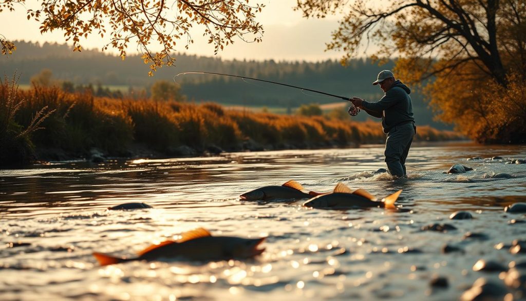 A riverside scene with a skilled angler standing waist-deep in a flowing river, casting a line towards a shadowy pool. The water is teeming with large, predatory fish - a menacing pike, an imposing catfish, and an elusive zander. The angler's stance is focused, their technique honed by years of experience. Warm, golden light filters through the overhanging trees, casting a tranquil glow over the tranquil scene. In the background, a picturesque landscape unfolds, with rolling hills and distant forests setting the stage for this carefully orchestrated fishing expedition.