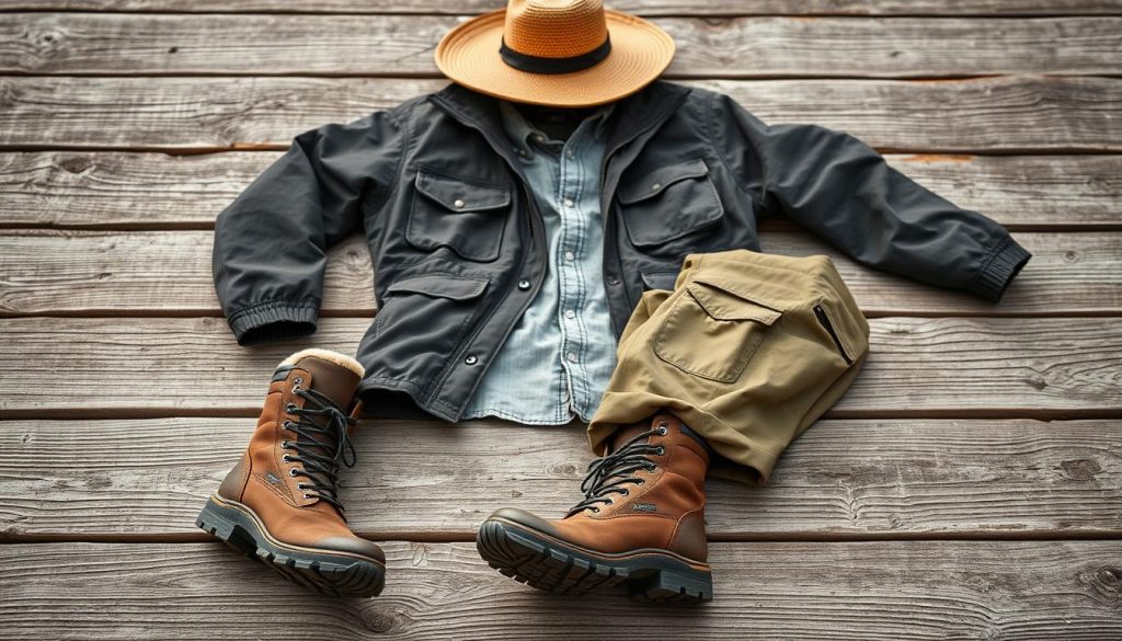 A rugged, outdoor fishing outfit laid out on a weathered wooden surface. In the foreground, a sturdy pair of waterproof boots, thick socks, and durable, moisture-wicking pants. In the middle ground, a warm, insulated jacket with plenty of pockets for tackle and gear, paired with a lightweight, breathable shirt. In the background, a wide-brimmed hat casts a soft, natural shadow over the scene, conveying a sense of tranquility and focus. The overall vibe is practical, functional, and ready for a day spent on the water, with an earthy, muted color palette that evokes the serene environment of a lakeside or riverbank.