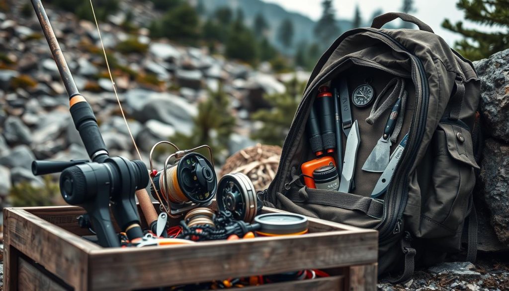 A rugged, outdoor scene of essential fishing equipment for extreme survival conditions. In the foreground, a weathered wooden crate holds a sturdy fishing rod, heavy-duty reel, and an assortment of lures, hooks, and line. In the middle ground, a weatherproof backpack lies open, revealing a compass, survival knife, water purifier, and other vital gear. The background showcases a rocky, pine-studded landscape, with moody, overcast lighting casting dramatic shadows. The overall composition conveys a sense of preparedness and self-reliance for tackling the challenges of extreme wilderness fishing.