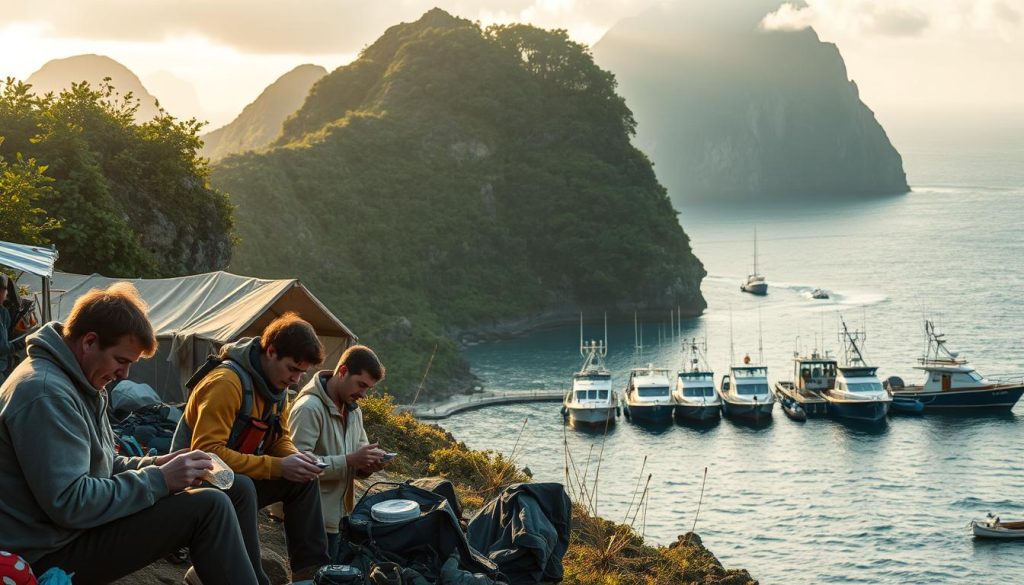 A rugged scientific expedition camp nestled on a remote natural island. In the foreground, a team of researchers meticulously examining samples, their expressions focused and intent. In the middle ground, a small fleet of sturdy fishing boats moored at the water's edge, ready for aquatic exploration. The background reveals a dramatic landscape of towering cliffs, lush vegetation, and a vast, shimmering sea. Soft, warm lighting bathes the scene, creating an atmosphere of dedicated discovery. The overall mood is one of systematic, environmentally-conscious scientific inquiry, capturing the essence of a thoughtful, nature-based approach to recreational fishing tours.