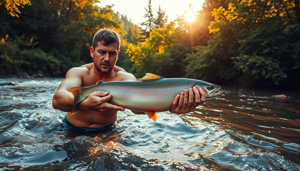 A rugged, survival-focused fisherman standing waist-deep in a rushing river, using only their bare hands to catch a large, gleaming trout. The scene is bathed in warm, golden sunlight that filters through the lush, verdant foliage surrounding the riverbank. The fisherman's face is determined, their muscles straining as they expertly maneuver the slippery fish, highlighting the remarkable skill and resourcefulness required for this extreme form of fishing. The composition emphasizes the harmony between the fisherman and the untamed natural environment, conveying the thrill and challenge of pitting one's wits and physical prowess against the elements to secure a vital sustenance.
