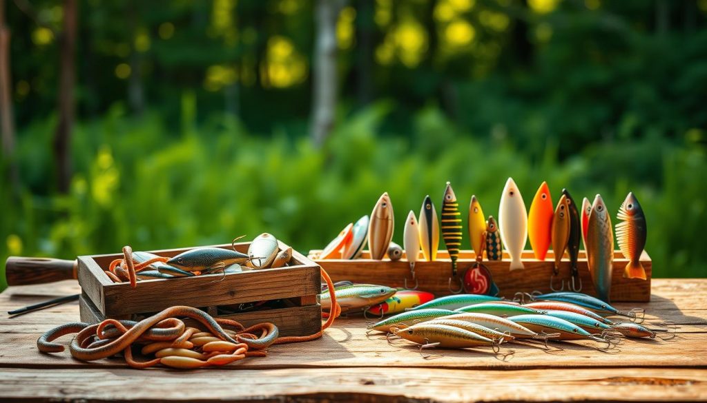 A rustic wooden table against a backdrop of lush greenery, with an array of fishing lures, hooks, and bait neatly arranged. The soft, natural lighting casts a warm, inviting glow, highlighting the textures and colors of the fishing gear. In the foreground, several types of live bait, such as worms and minnows, are nestled in a small wooden crate, their wriggling forms adding a sense of movement and anticipation. In the middle ground, an assortment of colorful artificial lures, from spinnerbaits to crankbaits, are displayed, each with its own unique shape and pattern designed to appeal to different fish species. The background features a blurred, out-of-focus forest, suggesting a peaceful, tranquil setting perfect for a successful spring fishing trip.
