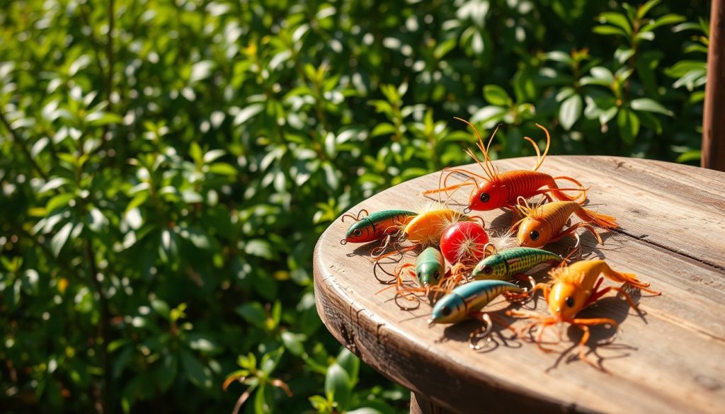 A rustic, wooden table is set against a backdrop of lush, verdant foliage. Atop the table, an assortment of tempting crayfish lures are artfully arranged, their vibrant colors and intricate designs catching the eye. The lighting is soft and natural, casting a warm glow across the scene, as if captured on a sunny day in the heart of the Ukrainian countryside. The composition is balanced, drawing the viewer's attention to the carefully curated display of fishing bait, hinting at the rewarding experience of crayfish hunting in the region's pristine waterways.