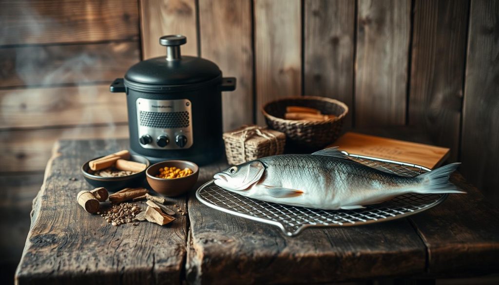 A rustic wooden table, its surface adorned with various smoking implements - a smoker, a selection of woods and spices, and a freshly caught fish resting atop a wire mesh. Soft, warm lighting casts a cozy glow, hinting at the age-old traditions of smoking fish. In the background, a backdrop of weathered wooden planks evokes the ambiance of a traditional smokehouse. The overall scene conveys the artisanal nature of the smoking process, inviting the viewer to explore the nuanced methods of crafting flavorful, perfectly smoked fish.