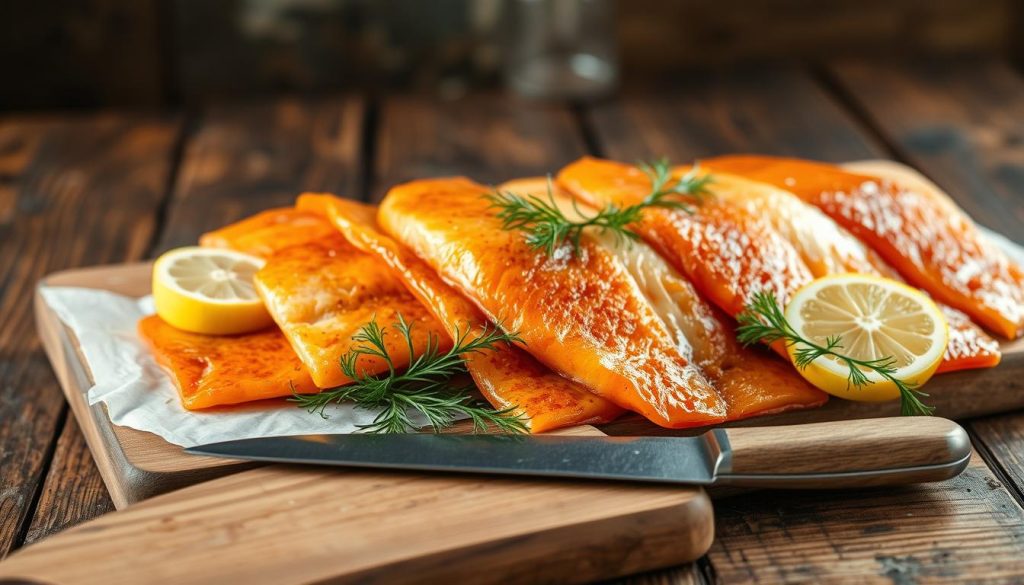 A rustic wooden table, its surface weathered and worn, serves as the backdrop for a bountiful display of freshly smoked fish. The golden-hued fillets glisten under the soft, natural lighting, their delicate textures and rich, savory aromas beckoning the viewer. Sprigs of fragrant dill and slices of lemon add a touch of vibrant color, complementing the smokiness of the fish. In the foreground, a worn cutting board and a sharp fillet knife hint at the simple, homemade preparation process. The overall scene evokes a sense of homely comfort and the pride of a well-executed, traditional recipe.