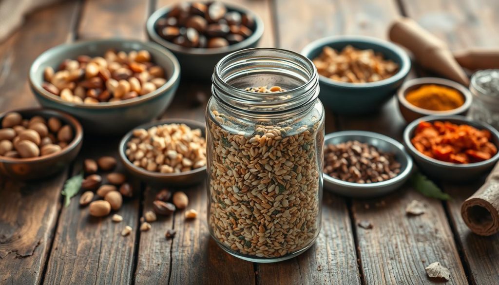 A rustic wooden table, weathered and worn, serves as the backdrop for an assortment of natural ingredients. In the foreground, a glass jar filled with a mixture of grains, seeds, and herbs takes center stage, casting a warm glow under the soft, diffused lighting. Surrounding the jar, various bowls hold additional components like crushed nuts, dried fruits, and spices, suggesting a homemade recipe for carp bait. The overall scene conveys a sense of traditional craftsmanship and a connection to the natural world, perfectly suited to illustrate a section on homemade carp feed.