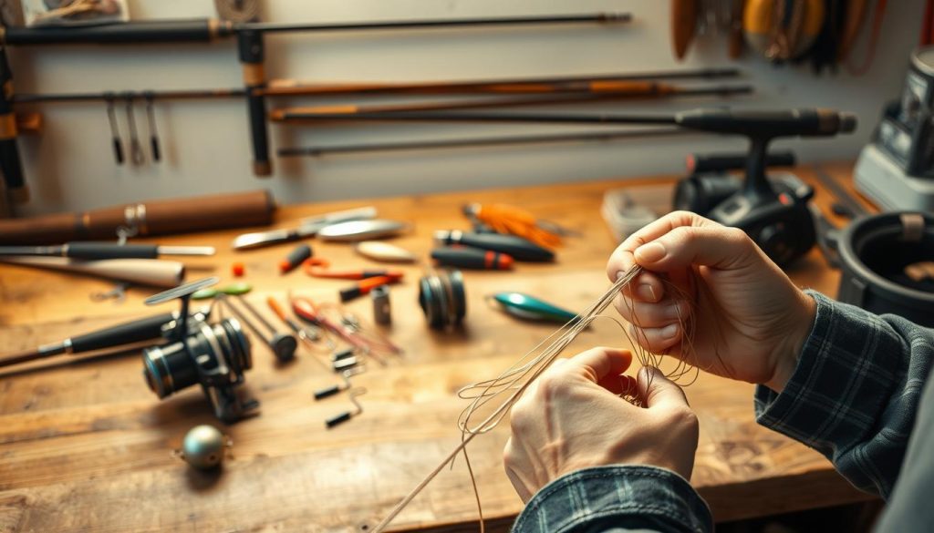 A rustic, wooden workbench set against a soft, diffused backdrop, illuminated by warm, natural lighting. An assortment of fishing tackle, including rods, reels, and lures, arranged neatly on the surface, inviting the viewer to explore their assembly. In the foreground, a pair of skilled hands carefully intertwines fishing line, demonstrating the intricate process of building a custom rig. The scene exudes a sense of calm, focused expertise, capturing the essence of the "Practical Examples and Video Lesson Review" section.
