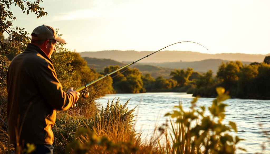 A scene depicting the practice of feeder fishing, set in a serene natural environment. In the foreground, a fisherman casts a line, intently focused on their task. The middle ground features a tranquil river or lake, its waters gently flowing. In the background, lush green foliage and rolling hills create a picturesque landscape, bathed in warm, golden-hour lighting. The composition emphasizes the peaceful, contemplative nature of the activity, conveying the appeal and advantages of feeder fishing as a recreational pursuit.