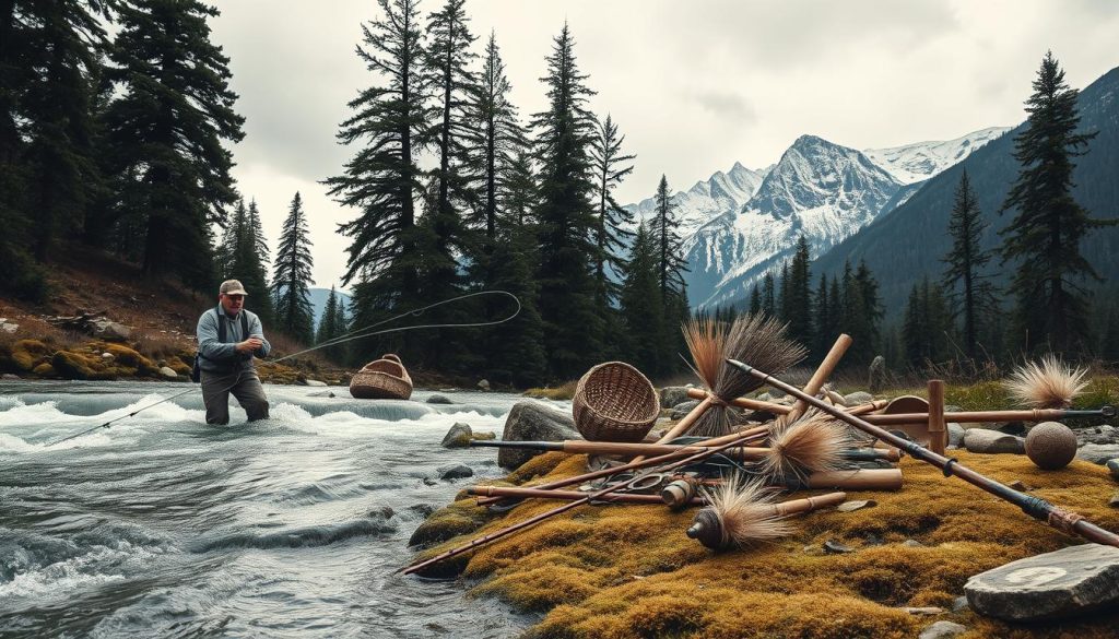 A scene depicting traditional fishing techniques and equipment used in the Carpathian mountains. In the foreground, a fisherman stands knee-deep in a rushing mountain stream, casting a hand-woven line into the churning water. Behind him, a collection of traditional tools and lures - wooden rods, wicker baskets, and intricate flies - are arranged on a moss-covered riverbank. The middle ground features a dense forest of towering pine and fir trees, their branches casting dramatic shadows across the scene. In the distance, rugged snow-capped peaks rise against a moody, overcast sky, conveying the remote, untamed nature of the Carpathian wilderness. Warm, muted tones and a sense of timeless tradition pervade the image, evoking the enduring spirit of mountain fishing.