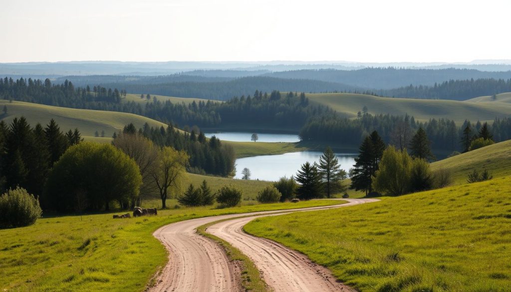 A scenic countryside landscape with a serene private lake nestled amidst gently rolling hills. The foreground features a winding dirt road leading towards the lake, flanked by lush green meadows and clusters of tall trees. In the middle ground, the lake reflects the surrounding nature, its calm waters shimmering under warm afternoon sunlight. The background is filled with a distant tree-covered horizon, creating a sense of tranquility and solitude. The overall mood is one of peaceful seclusion, inviting the viewer to imagine themselves embarking on a journey to discover this hidden gem.