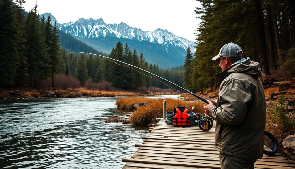 A scenic forest landscape in the Carpathian mountains, with a serene river running through it. In the foreground, a fisherman is carefully casting his line, wearing a sturdy rain jacket and hat to protect against the elements. The middle ground shows a well-maintained wooden dock, with life jackets and other safety gear neatly arranged. In the background, rugged mountains rise up, their peaks dusted with a light layer of snow. Warm, diffuse lighting filters through the pine trees, creating a peaceful, contemplative atmosphere. The composition emphasizes the importance of safety and responsible practices for a successful and enjoyable fishing experience in this natural setting.