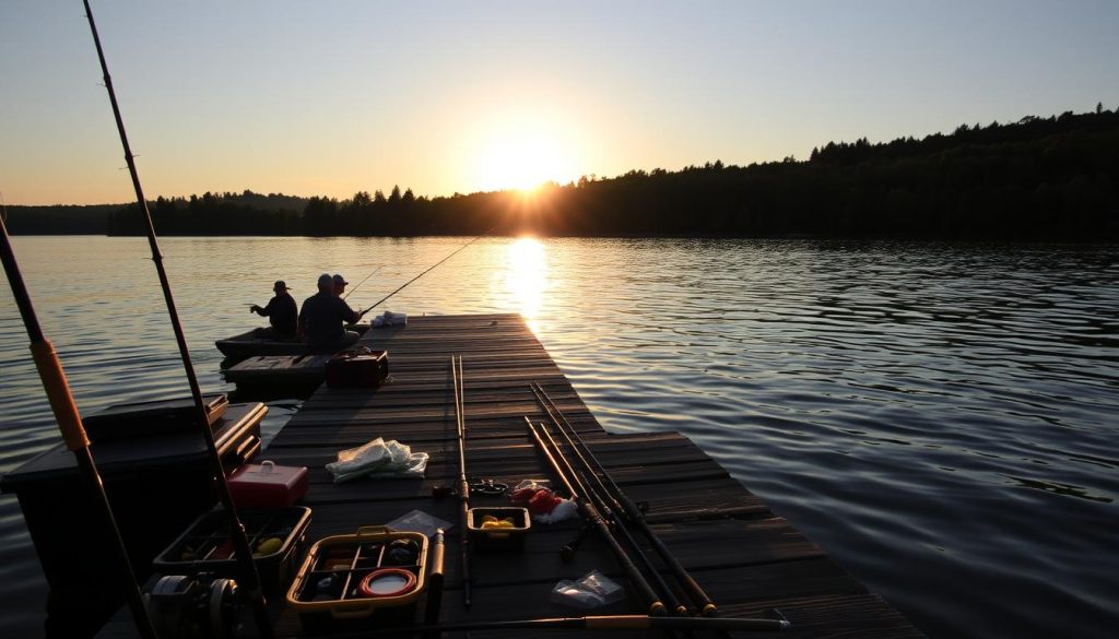 A scenic lakeside landscape at golden hour, with a jetty extending into the calm, reflective waters. In the foreground, fishing rods, tackle boxes, and bait are neatly arranged, hinting at the successful catch to come. The middle ground features a group of anglers patiently waiting, their silhouettes casting long shadows as the sun dips below the horizon. In the background, a lush, verdant forest frames the serene scene, creating a sense of tranquility and seclusion. The image conveys the ideal conditions for a fruitful fishing expedition - the perfect balance of natural beauty, timing, and preparation. A scenic lakeside landscape at golden hour, with a jetty extending into the calm, reflective waters. In the foreground, fishing rods, tackle boxes, and bait are neatly arranged, hinting at the successful catch to come. The middle ground features a group of anglers patiently waiting, their silhouettes casting long shadows as the sun dips below the horizon. In the background, a lush, verdant forest frames the serene scene, creating a sense of tranquility and seclusion. The image conveys the ideal conditions for a fruitful fishing expedition - the perfect balance of natural beauty, timing, and preparation.