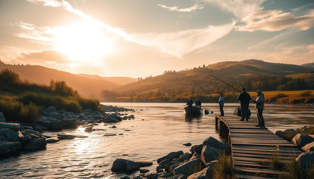 A scenic landscape depicting a peaceful fishing tour in Western Ukraine. In the foreground, a group of anglers casting their lines into a tranquil river, the gentle current flowing past rocky banks adorned with lush greenery. In the middle ground, a wooden dock extends into the water, providing a staging area for preparing gear and launching boats. The background showcases rolling hills, their slopes covered in a patchwork of forests and meadows, creating a serene and inviting atmosphere. Warm, golden sunlight filters through wispy clouds, illuminating the scene and casting a soft, natural glow. The overall composition conveys the essence of an expertly organized fishing excursion in this picturesque corner of the country.