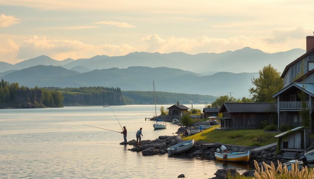 A scenic landscape depicting the popular fishing regions of Ukraine. In the foreground, a group of fishermen casting their lines into a tranquil lake, surrounded by lush greenery and rocky cliffs. The middle ground features traditional wooden cabins and small boats docked along the shore, evoking the charm of rustic fishing villages. In the background, a panoramic view of rolling hills and mountains, their peaks touched by warm, golden sunlight filtering through wispy clouds. The entire scene is bathed in a soft, diffused lighting that creates a serene, inviting atmosphere, capturing the essence of Ukraine's premier fishing destinations.