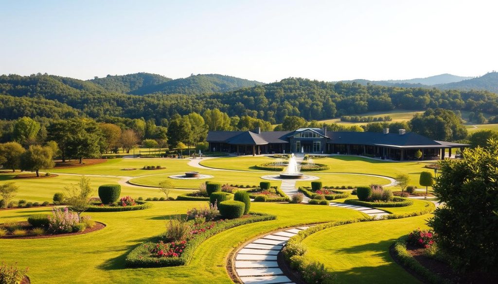 A scenic landscape of a modern country estate, bathed in soft natural light. In the foreground, neatly manicured gardens with vibrant flora and charming pathways. The middle ground features an impressive clubhouse with a sleek, contemporary architectural design, surrounded by well-maintained lawns and decorative fountains. In the background, rolling hills and lush, verdant forests provide a picturesque natural backdrop. The scene conveys a sense of tranquility, luxury, and harmonious integration between the built and natural environments, showcasing the high-end infrastructure and amenities of a premier country club development.