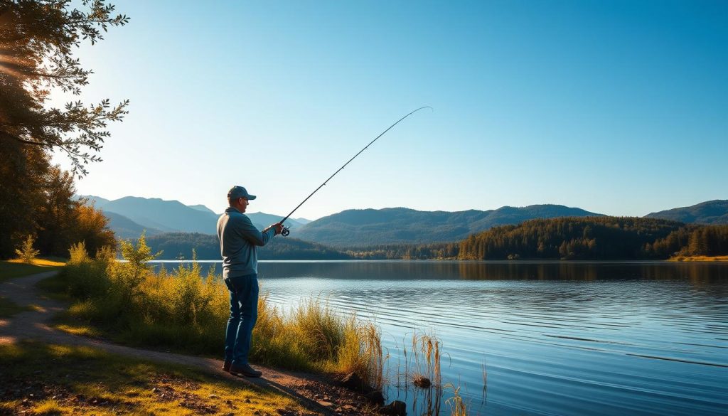 A scenic landscape of a peaceful lakeside setting, with a lone fisherman casting his line into the still waters. The foreground features the fisherman, dressed in casual outdoor attire, intently focused on the task at hand. The middle ground showcases the tranquil lake, reflecting the surrounding lush, verdant foliage and a clear, azure sky. In the background, rolling hills and dense forest create a serene, natural backdrop, conveying a sense of solitude and harmony with the great outdoors. The scene is illuminated by warm, golden sunlight, casting a soft, diffused glow over the entire composition. A gentle breeze ruffles the surface of the lake, adding a subtle movement to the otherwise calm, meditative atmosphere.