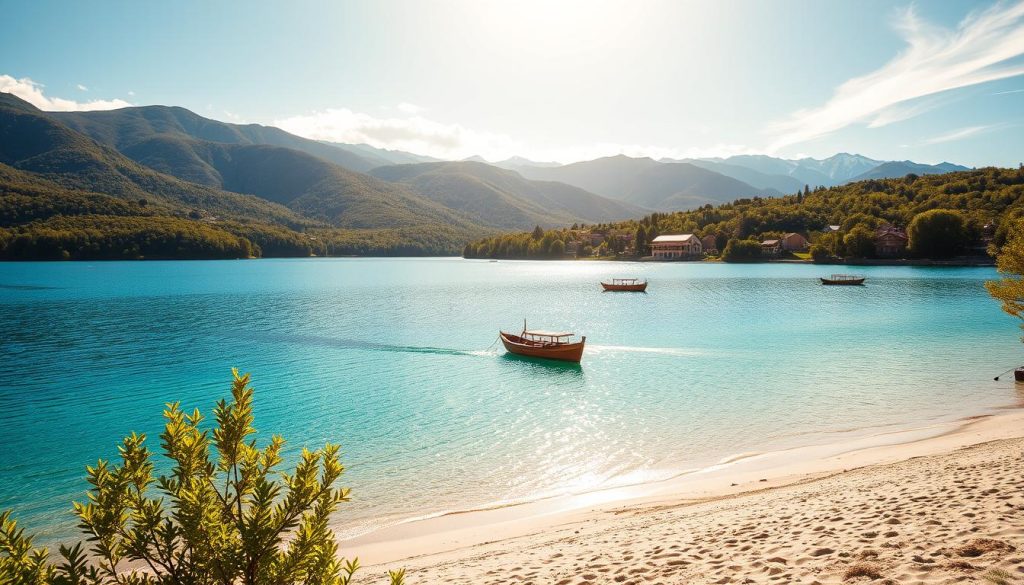 A scenic landscape of Lake Yalpug, the largest lake in Ukraine, with crystal-clear azure waters surrounded by gently rolling hills blanketed in lush green foliage. In the foreground, a pristine sandy beach invites visitors to relax and soak up the sun. Across the tranquil lake, traditional wooden fishing boats dot the surface, hinting at the region's rich heritage. The middle ground features a quaint village nestled among the trees, its charming architecture complementing the natural beauty. The background rises with majestic mountains, their peaks capped with a dusting of snow, creating a breathtaking panorama. Warm, golden sunlight filters through wispy clouds, casting a serene glow over the entire scene and evoking a sense of peaceful tranquility.