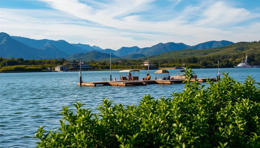 A scenic landscape of the best fishing spots, captured in a serene, natural setting. In the foreground, a tranquil lake or river with gently rippling waters, surrounded by lush, verdant foliage. In the middle ground, an array of diverse fishing structures like docks, piers, or jetties, inviting anglers to cast their lines. The background showcases a dramatic, picturesque backdrop, such as rolling hills, towering mountains, or a vast, open sky with wispy clouds. The overall mood is one of peaceful solitude, with soft, natural lighting that highlights the beauty of the environment. The image conveys a sense of adventure and the promise of a bountiful catch, catering to the interests of seasoned fishermen.
