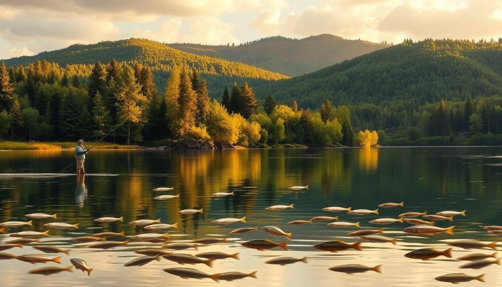 a scenic landscape of the best fishing spots in Ukraine, featuring a tranquil lake or river surrounded by lush, verdant forests and rolling hills in the background. The foreground should depict anglers peacefully casting their lines into the calm, reflecting waters, with an abundance of fish swimming beneath the surface. The lighting should be soft and natural, with warm golden hues and long shadows, evoking a serene and idyllic atmosphere. The composition should be balanced and visually appealing, capturing the essence of the most picturesque and productive fishing locations in the country.