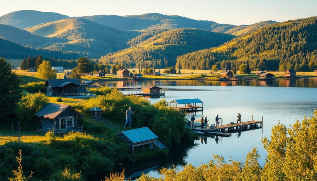 A scenic landscape showcasing the best fishing hubs in the Kyiv region. In the foreground, an idyllic fishing camp nestled amidst lush greenery, with anglers casting their lines into a serene lake. The middle ground features multiple fishing lodges and docks, their weathered wooden structures reflecting in the still waters. The background is dominated by rolling hills, their slopes covered in verdant forests. The scene is bathed in warm, golden sunlight, creating a tranquil and inviting atmosphere. The composition emphasizes the harmony between nature and human activity, capturing the essence of the region's premier sport fishing destinations.