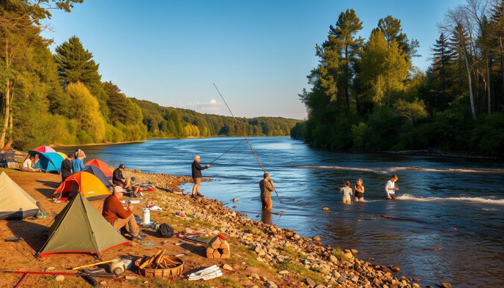 A scenic riverside landscape along the Dnieper River, with a group of anglers engaged in active outdoor recreation. The foreground features a well-equipped fishing camp, with tents, campfires, and fishing gear scattered around. In the middle ground, several people are casting their lines into the gently flowing waters, while others are wading in the shallows. The background showcases the lush, verdant banks of the river, with towering trees and a clear, blue sky overhead. The scene is bathed in warm, golden sunlight, creating a serene and inviting atmosphere for an immersive eco-tourism experience.
