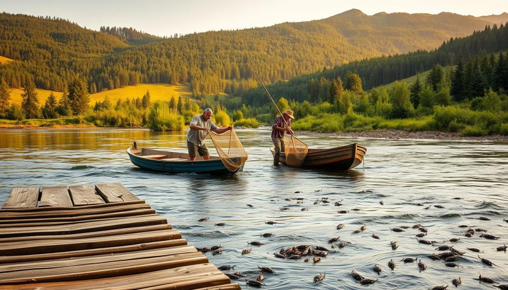 A scenic riverside setting in the Ukrainian countryside, with a group of fishermen carefully tending to their crayfish traps. In the foreground, a weathered wooden dock extends into the gently flowing stream, where a fisherman expertly maneuvers a small boat, guiding a net to capture the elusive crustaceans. The middle ground reveals other fishermen using long sticks to gently probe the underwater hiding places, coaxing the crayfish out into the open. The background is a lush, verdant landscape of rolling hills and dense forest, bathed in warm, golden afternoon light that casts a tranquil, serene atmosphere over the entire scene.