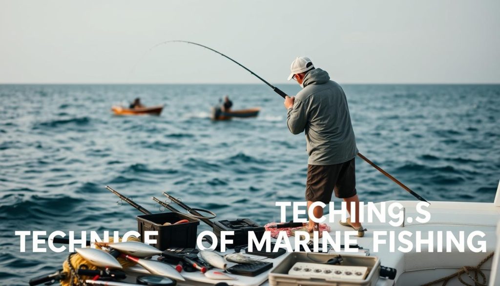A scenic seascape showcasing the techniques of marine fishing. In the foreground, a skilled angler deftly casts a line into the gently lapping waves, their movements graceful and practiced. Surrounding them, an array of specialized equipment - lures, rods, and tackle boxes - are neatly arranged, hinting at the nuances of this maritime pursuit. In the middle ground, a small wooden boat bobs on the horizon, its occupants engaged in their own methodical catches. The background is dominated by a panoramic view of the open sea, the sky a soft gradient of blues and grays, creating an atmospheric, contemplative mood. Lighting is natural and diffused, highlighting the textures of the water and the fishermen's gear. The overall composition conveys the essence of the "Techniques of Marine Fishing" section, inviting the viewer to imagine themselves immersed in this captivating coastal experience.