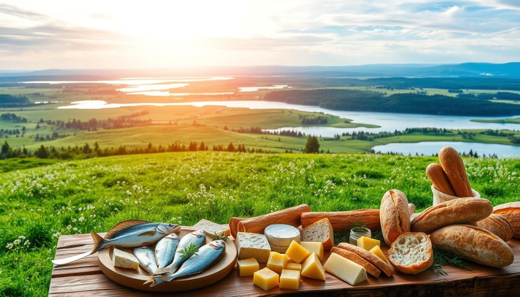 A scenic tableau of the gastronomic delights found around the Shatsk Lakes region. In the foreground, a bountiful spread of freshly caught fish, local cheeses, and artisanal breads, all arranged on a rustic wooden table. The middle ground reveals lush green meadows dotted with wildflowers, with the shimmering waters of the lakes visible in the distance. Overhead, the warm glow of the sun filters through wispy clouds, casting a soft, inviting light over the scene. The atmosphere conveys a sense of rural tranquility and abundance, hinting at the culinary riches that can be discovered in this picturesque corner of the world.