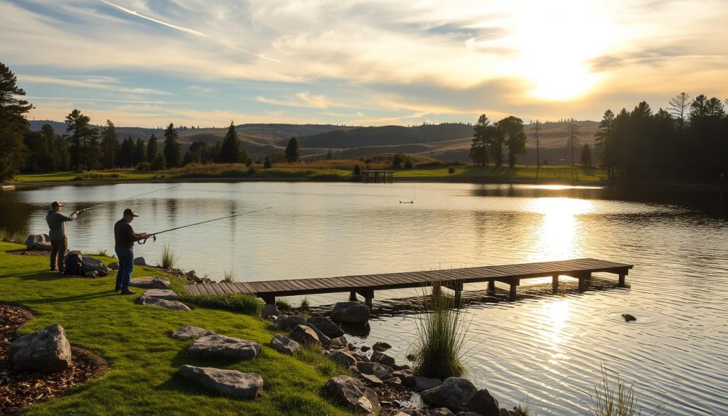 A scenic view of a well-stocked private fishing pond, with anglers quietly casting their lines into the serene waters. The foreground features a meticulously maintained shoreline, dotted with carefully placed boulders and lush vegetation. In the middle ground, a wooden pier extends into the pond, offering an elevated platform for the skilled fishermen. The background showcases a gently rolling landscape, with towering trees and a picturesque sky illuminated by warm, golden sunlight filtering through wispy clouds. The overall atmosphere conveys a sense of tranquility and anticipation, as the anglers focus intently on their craft, eager to reel in the abundant fish swimming beneath the surface.