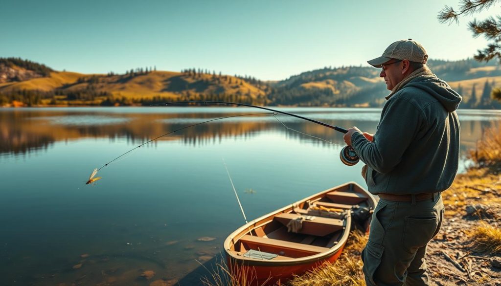 A scenic vista of a tranquil Ukrainian lake, its glassy surface reflecting the surrounding verdant landscape. In the foreground, a skilled angler expertly casts a delicate fly, their focused gaze scanning the water for the telltale rise of a wary trout. The middle ground features a well-appointed fishing camp, with traditional wooden boats and modern tackle laid out, suggesting the combination of time-honored traditions and evolving techniques that define the current state of the sport. In the background, rolling hills dotted with pine trees create a sense of peaceful seclusion, conveying the serene, contemplative nature of this beloved pastime. Warm, golden sunlight bathes the scene, imbuing it with a tranquil, timeless quality.